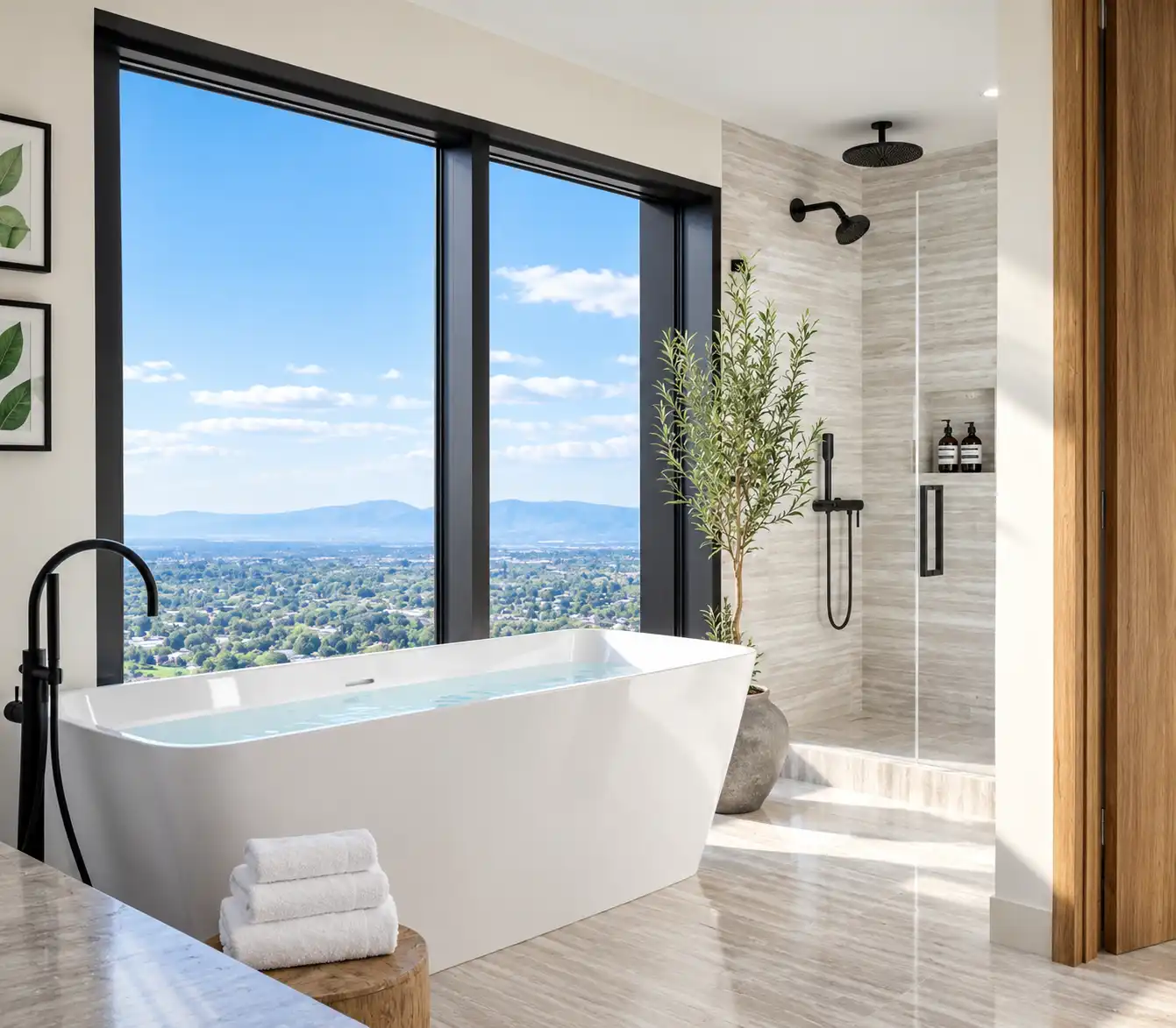 Spa-inspired bathroom design inspiration with a freestanding soaking tub, limestone shower, and a wall of windows overlooking mountains and a valley